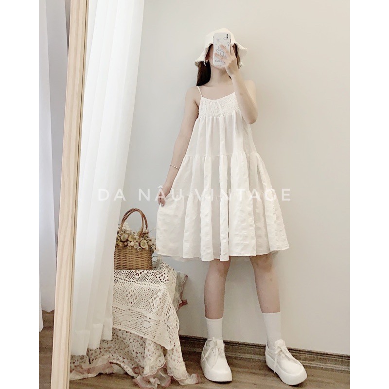 váy, đầm dây babydoll màu trắng công chúa bồng bềnh (cam kết ảnh shop chụp thật 100%)