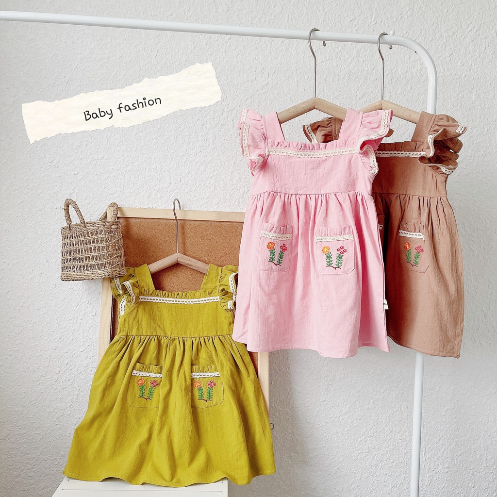 (8-23kg)-Jee kids- Váy đầm thô cổ vuống phối túi thêu hoa xinh xắn cho bé gái(ảnh thật)