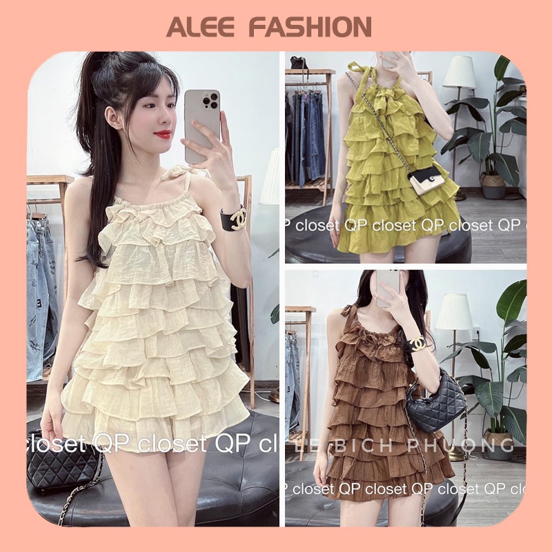 Set áo 2 dây xếp bèo tầng, áo kiểu bèo tầng xếp li babydoll kèm chân váy xếp li tầng siêu xinh nhà Alee