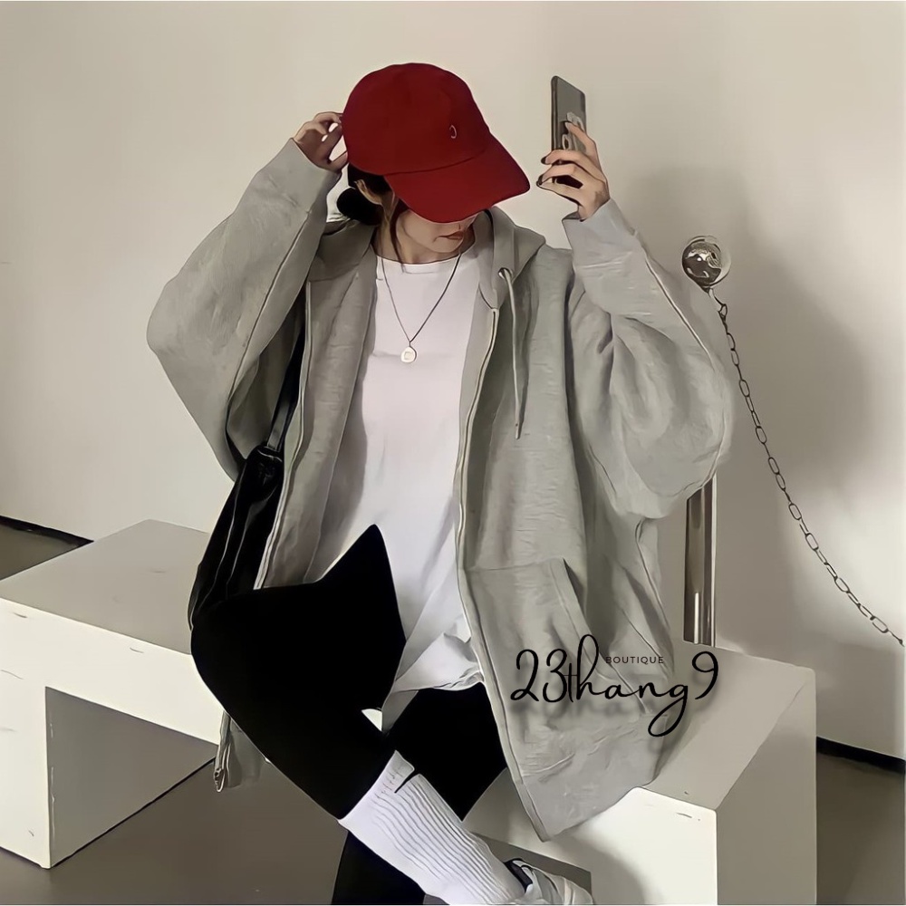 Áo khoác nỉ hoodie áo khoác nỉ trơn nam nữ tay phồng form rộng zip basic unisex phong cách ulzzang đi phố 23thang9 | BigBuy360 - bigbuy360.vn