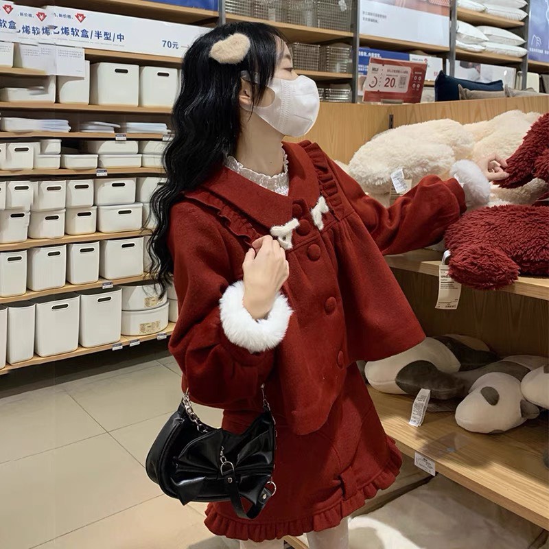 Set áo form ngắn sơ mi đỏ tay dài có cài nút nơ croptop giáng sinh noel tết dày thu đông cổ V+váy ngắn lưng cao ulzzang