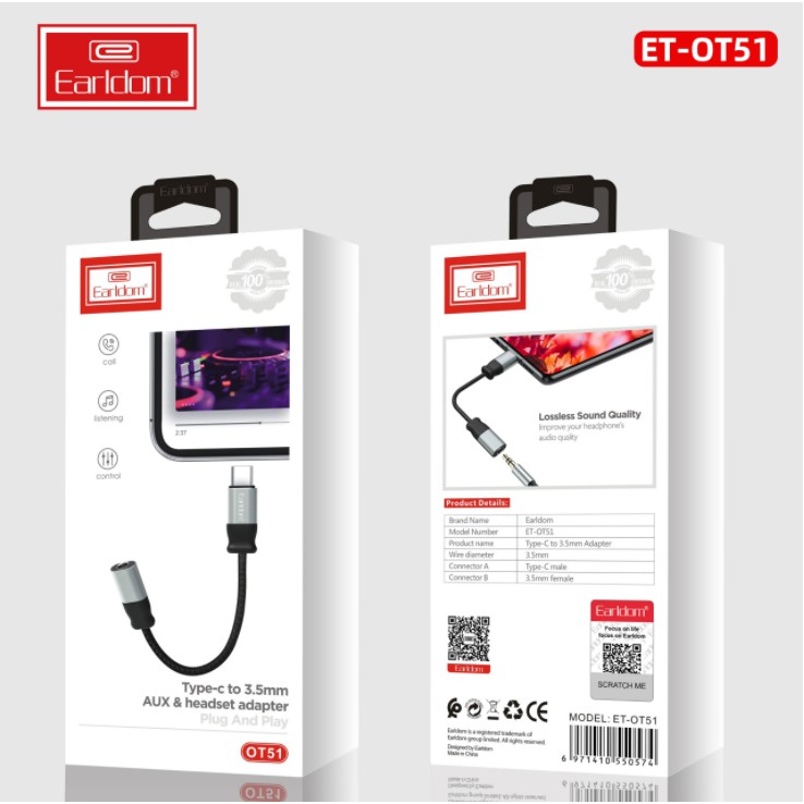 (Hỗ Trợ Nghe Gọi) Jack Chuyển Từ Type- C Sang 3.5mm Earldom OT51 - Hàng Chính Hãng
