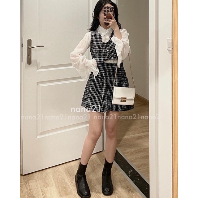 Set 3 món sơ mi tay bồng áo gile mix chân váy xoè dày dặn