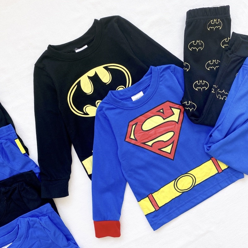 Set 2 bộ cotton dài tay cho bé trai in hình batman đen xanh cho bé từ 10-24 cân