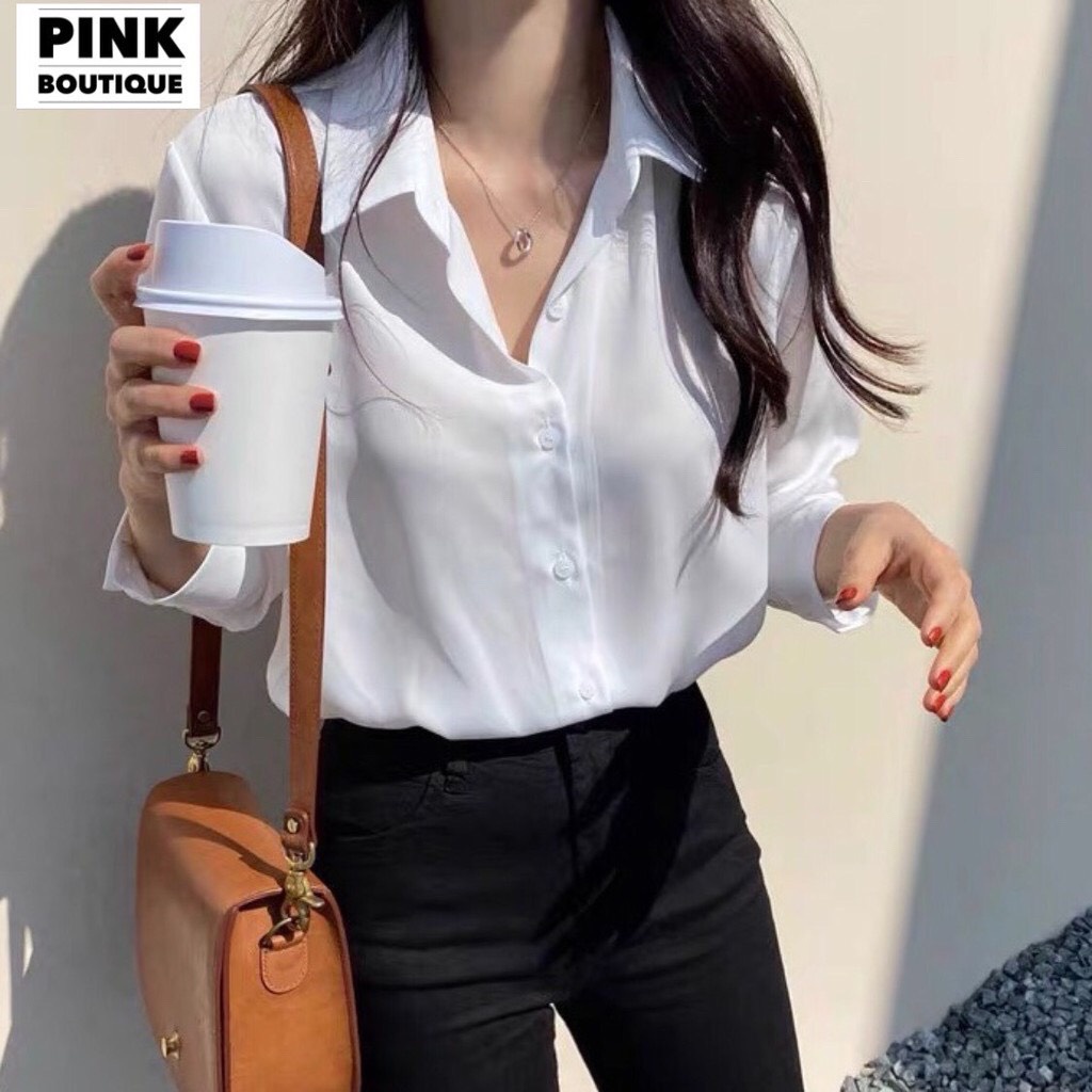 Áo Sơ Mi Nữ Trắng Form Rộng Trơn Basic Dài Tay Lụa Hàn Mát Mịn Phong Cách Ulzzang Hàn Quốc Thiết Kế PINKBOUTIQUE