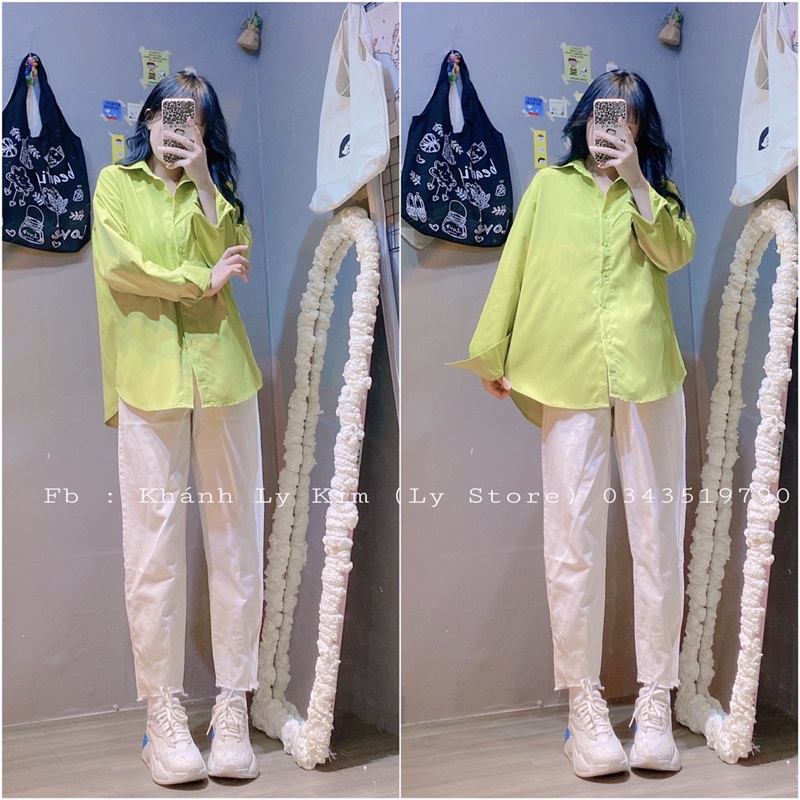 (Hình shop chụp) Sơmi xanh cốm hot trend , quần kaki jean trắng form baggy lưng cao | BigBuy360 - bigbuy360.vn