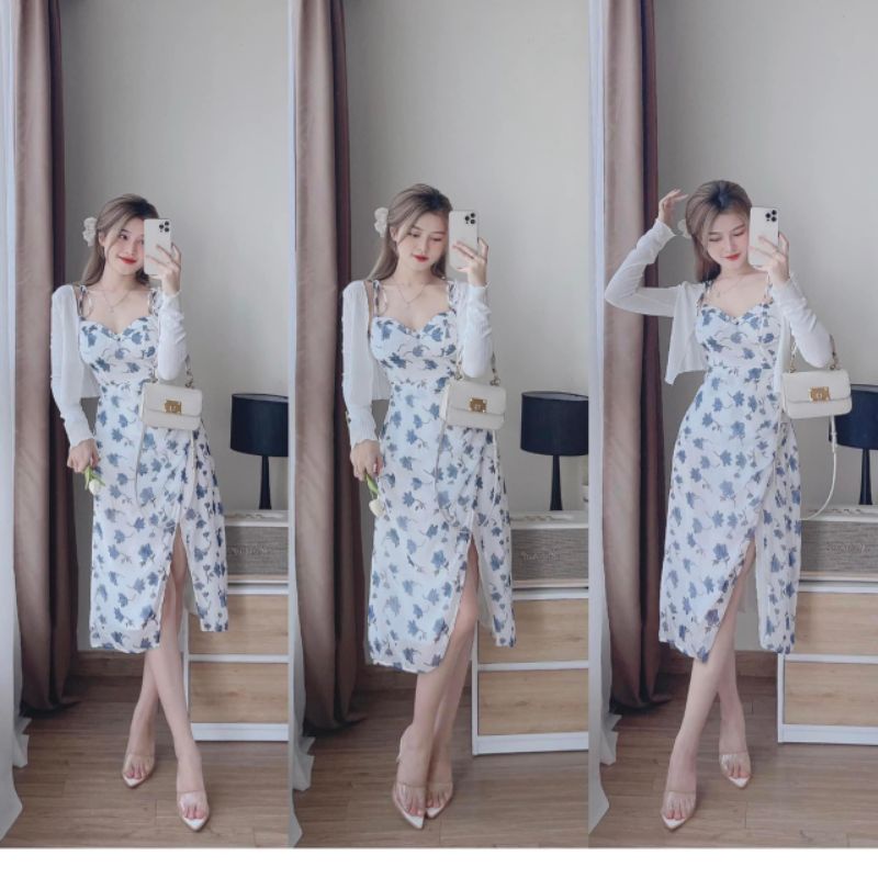 SÉT VÁY HOA NHÍ XẺ TÀ NGỌT NGÀO PHỐI ÁO KHOÁC CARDIGAN NHẸ NHÀNG NỮ TÍNH