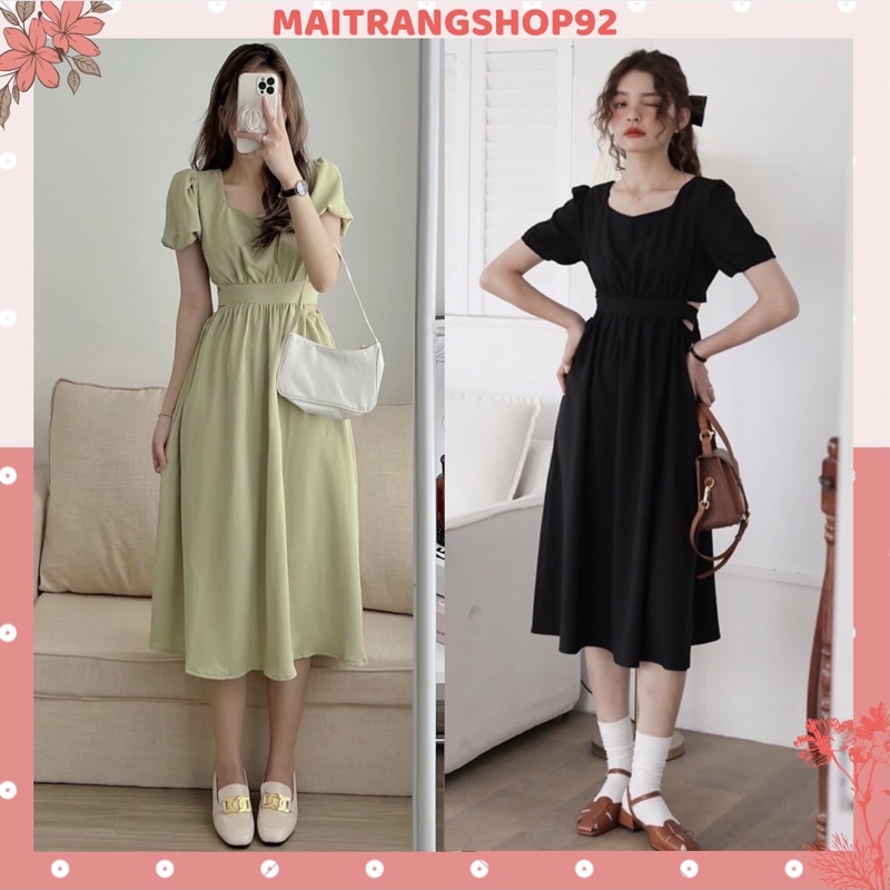 Đầm maxi dáng dài xẻ eo cổ vuông thắt nơ sau,Váy dài tay bồng hở eo bánh bèo (TTA139)