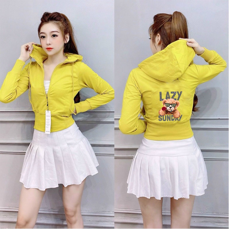 áo khoác thun croptop hình in freesize 54kg tay dài có nón