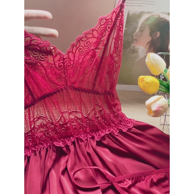 Sx759-váy ngủ lụa phối ren sexy-đầm ngủ gợi cảm- KellyWang