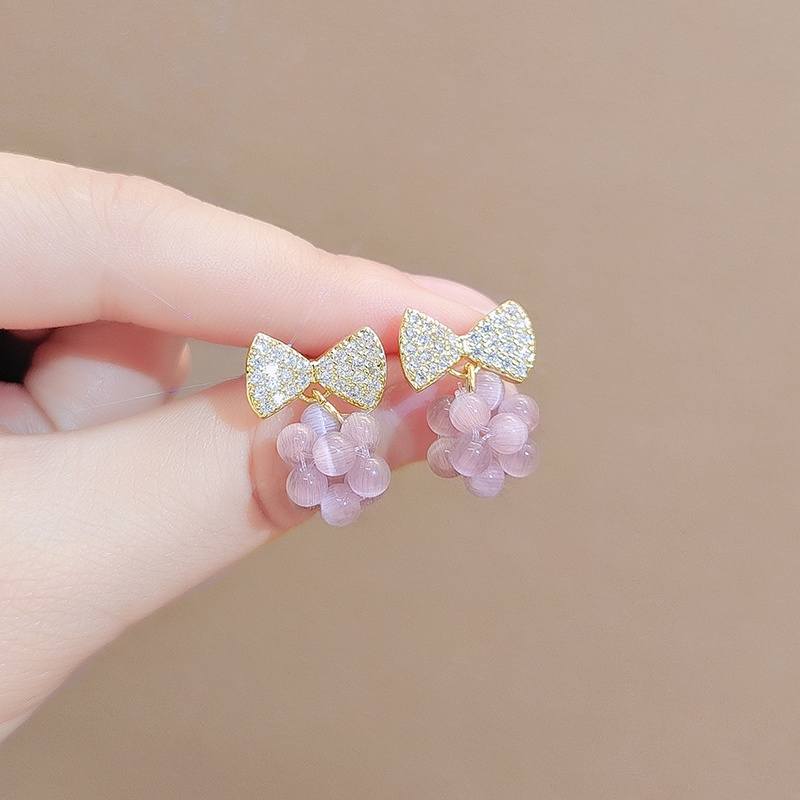 [Jiudoulan] Khuyên Tai Nơ Hàn Quốc Đính Đá Zircon Nho Tím Cho Nữ