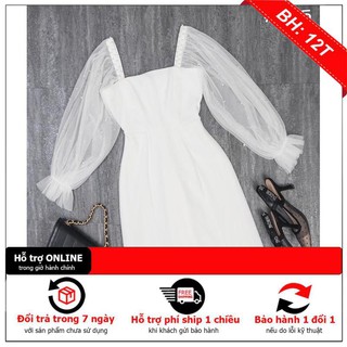 Váy Trắng  tay lưới dài vải voan vải đính hạt 2 màu đen, trắng freesize Onistore