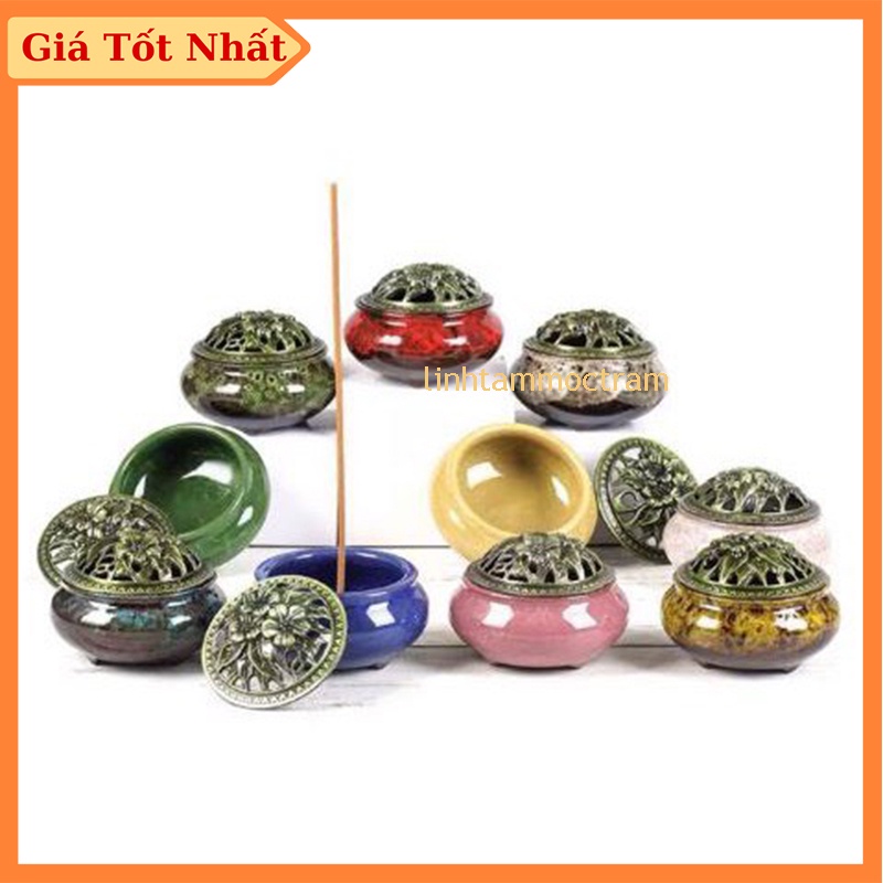 lư xông trầm hương đỉnh đốt nhang gốm sứ. Tặng 1 nụ trầm hương