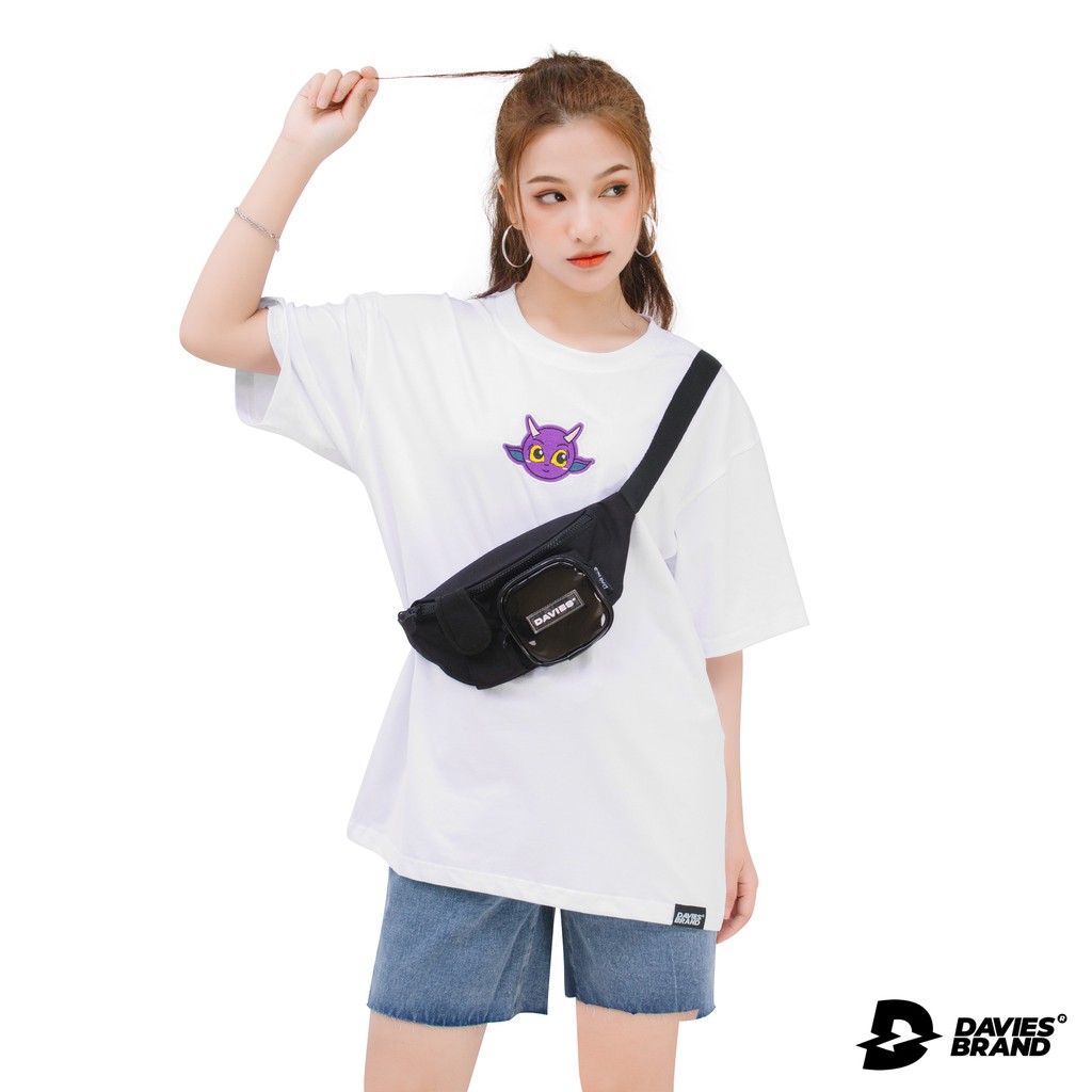 DAVIES Áo thun tay lỡ nữ form rộng logo thêu màu trắng D Mascot TeeWHITE