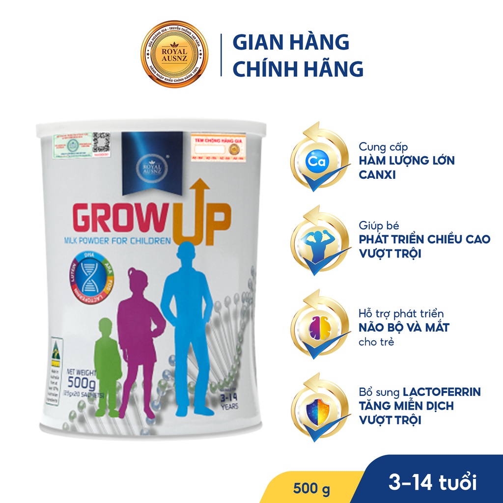 Sữa Bột Hoàng Gia Úc GROW UP MILK POWDER ROYAL AUSNZ Hỗ Trợ Phát Triển Chiều Cao Cho Trẻ Từ 3-14 Tuổi 500g