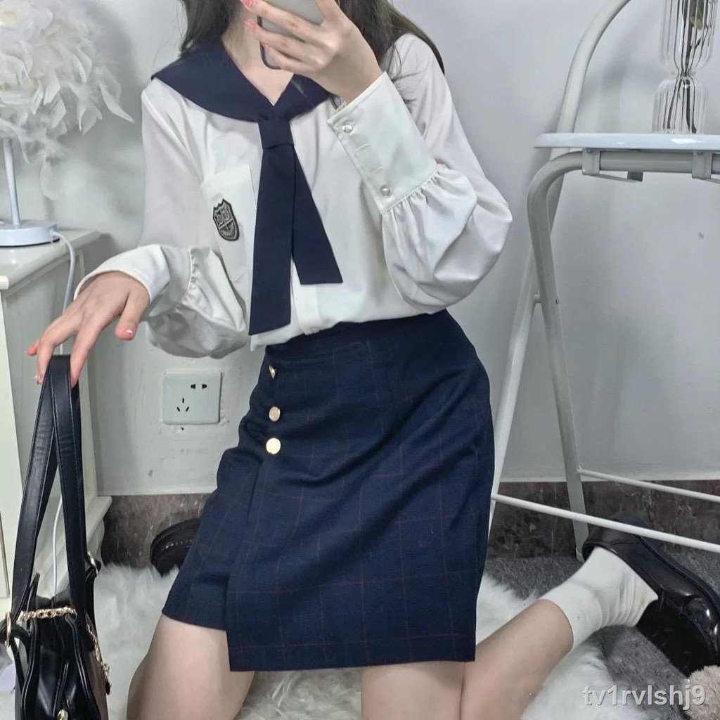 ✱◘☞Geng no bean Đồng phục JK Hàn Quốc nữ chính hãng mùa xuân hè đại học túi gió hông váy dài tay bộ đồ thủy thủ