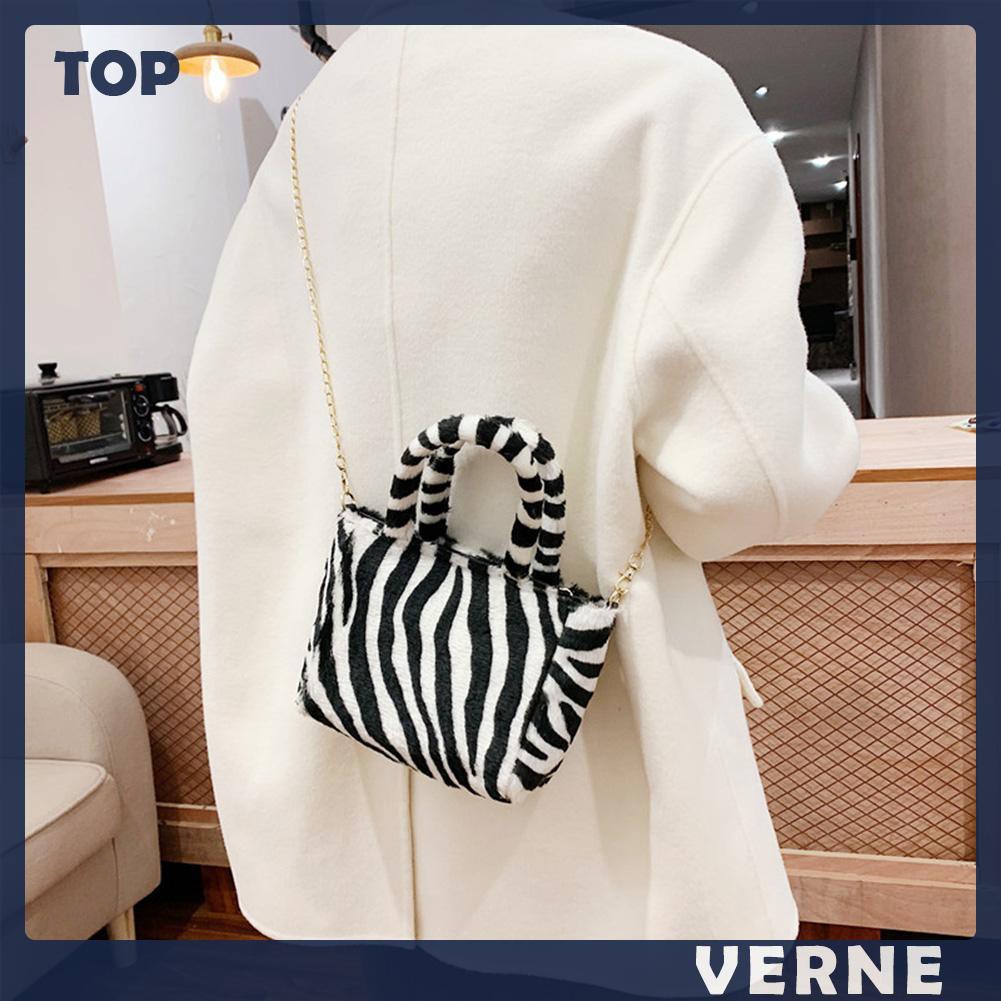 vernesss Autumn Shoulder Handbag Zebra Pattern Plush Women Chain Messenger Bag Totes