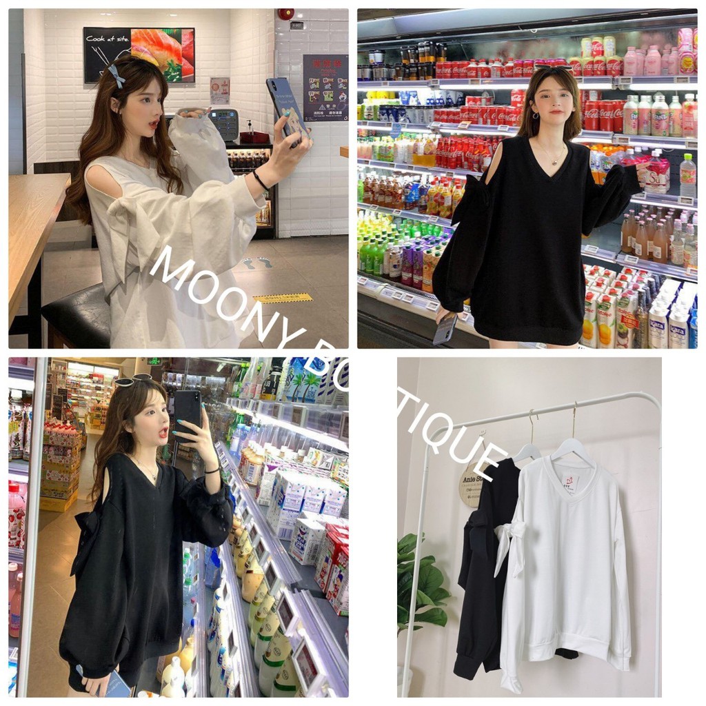 [Mã FASHIONT4WA2 giảm 10K đơn 50K] Áo Thun Nỉ Da Cá SWEATER Ulzzang Tay Nơ Siêu Xinh