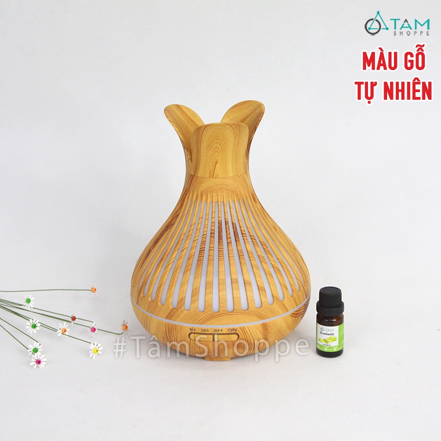 [TẶNG TINH DẦU]Máy khuếch tán tinh dầu Tulip 3 cánh vân gỗ phun khói siêu âm MKTTD-21