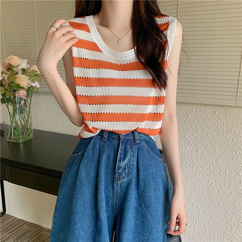 Áo len nữ sát nách, áo tanktop len ba lỗ croptop kẻ sọc ngang form đẹp