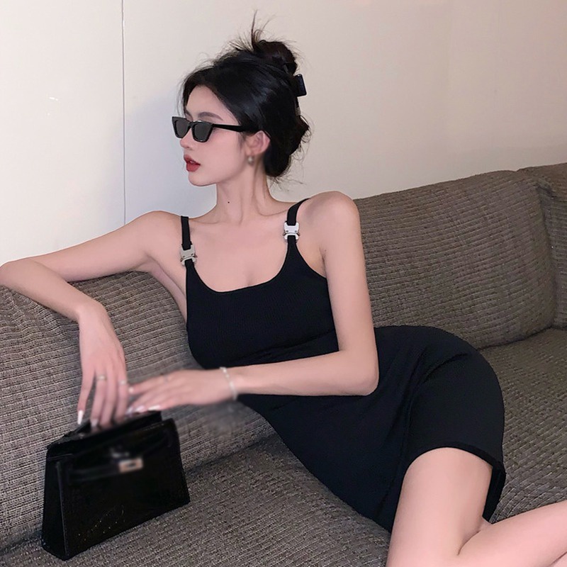 Đầm Ôm Hai Dây Hở Lưng Màu Sắc Trơn Phong Cách Hàn Quốc Quyến Rũ Dành Cho Nữ