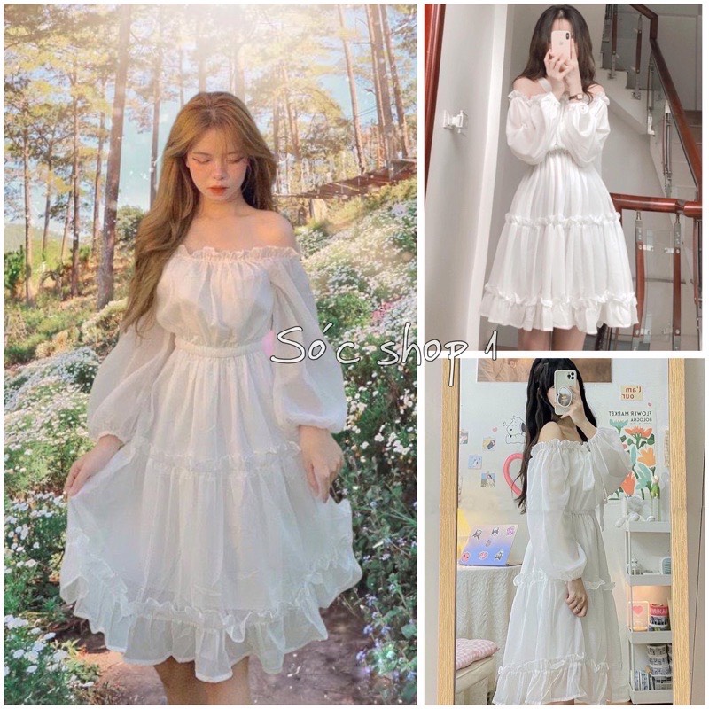 Váy trễ vai tay dài 3 tầng phối chun eo - Đầm trắng nữ bánh bèo tiểu thư, babydoll mặc đi biển đẹp hàn quốc ulzzang