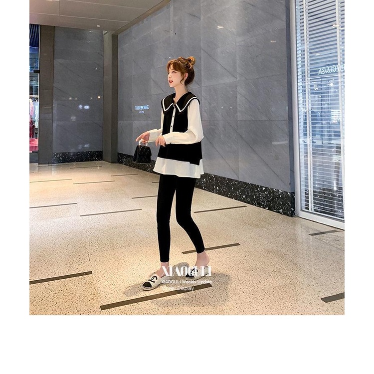 Áo kiểu ZHELIHANGFEI tay dài cổ búp bê giả hai lớp dáng rộng dễ phối đồ thời trang