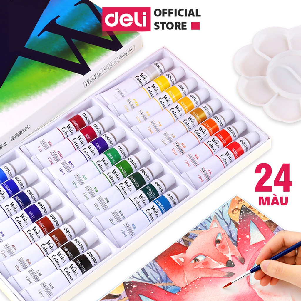 Màu nước dạng tuýp cao cấp 12ml Deli - màu nước hòa tan che phủ tốt - 12 màu/18 màu/24 màu - 73850 / 73851 / 73852