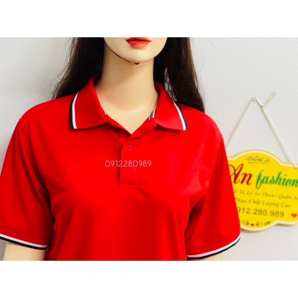 Áo thun có cổ nam nữ màu đỏ thời trang vải cá sấu mè nhẹ mát _ Hình chụp thật