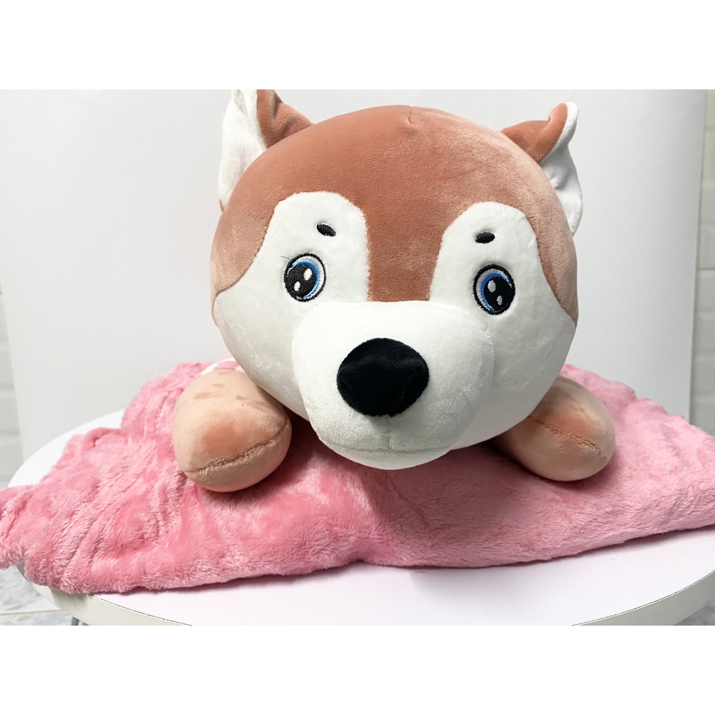 Bộ chăn gối văn phòng Mền Gối Gấu Bông Chó Husky Mặt Ngáo 3 Trong 1 Kích Thước Mền 1*1,7m