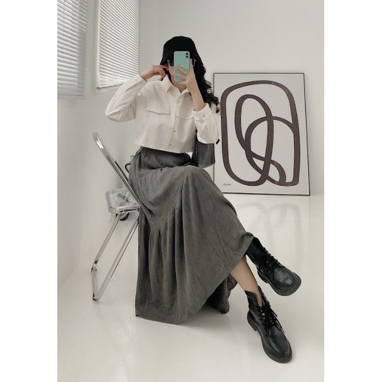 Chân váy dài thời trang GAGO Plain ruffle hem skirt màu xám đậm GO3395 | BigBuy360 - bigbuy360.vn