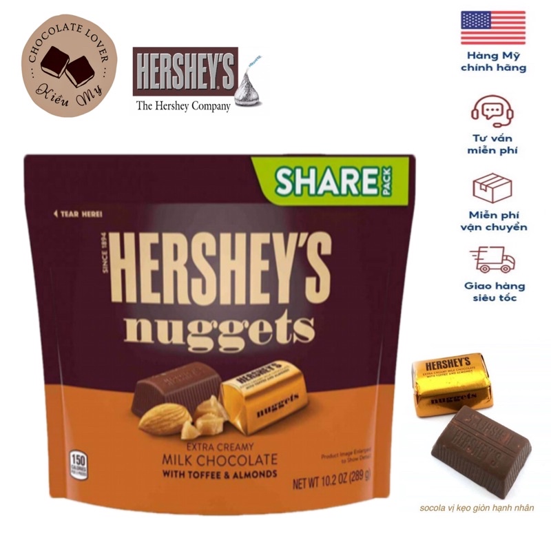 [Date 04/24] Kẹo socola Mỹ Chocolate Hershey nuggest nhân đậu phộng và hạnh nhân túi 289g