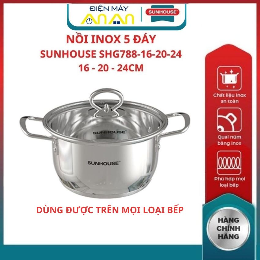 Nồi inox bếp từ 5 đáy SUNHOUSE SHG788-16 SHG788-20 SHG788-24 được trang bị nắp kính siêu bền chịu lực tốt và trong suốt