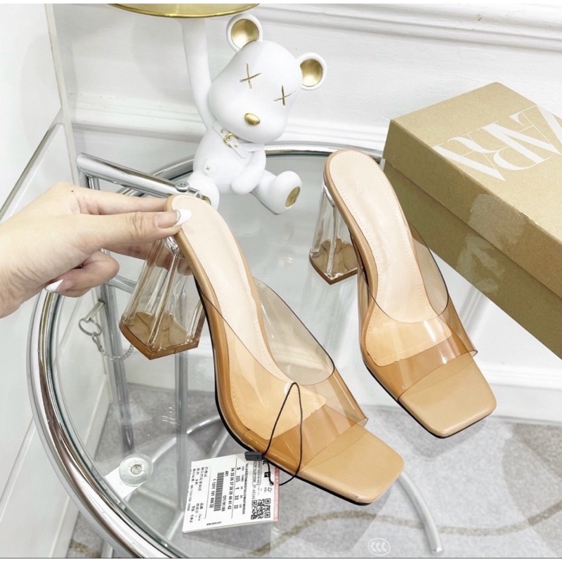 HÀNG VỀ CÓ SẴN!!!Guốc zara gót trụ quai trong suốt màu nâu tây siêu xinh hàng chuẩn Quảng Châu FULLBOX