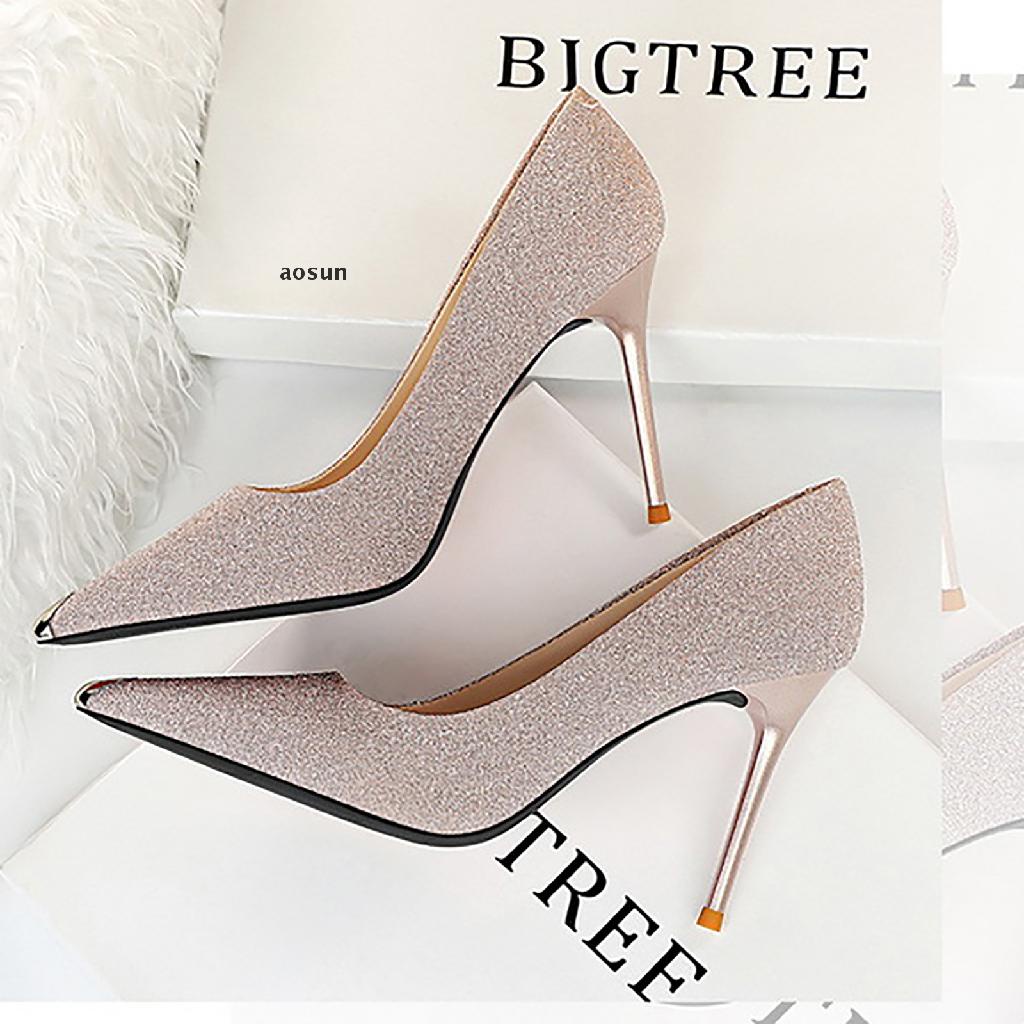 【aos】 Womens Glitter Stilettos Classic Pointed Toe Dress Pump Shoes .