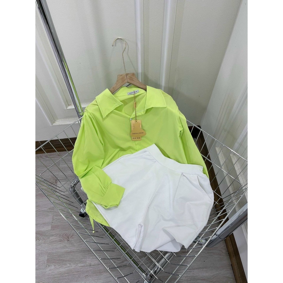 Sét bộ đồ nữ áo sơ mi mix quần cộc trắng ống rộng thích hợp cho các nàng đi dạo phố , đi biển