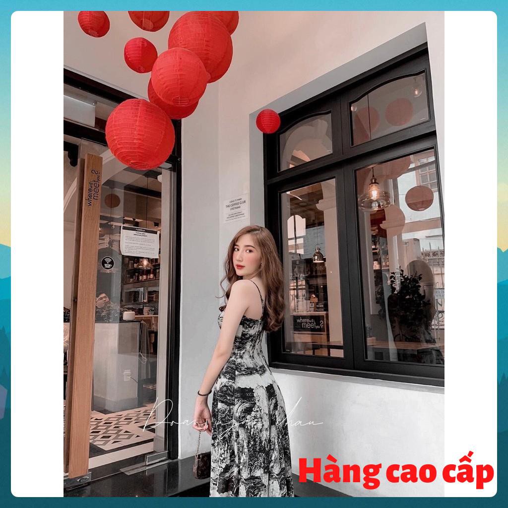 (Hàng cao cấp) Đầm maxi hai dây dáng dài họa tiết trắng đen thướt tha, đẹp dịu dàng Lemy
