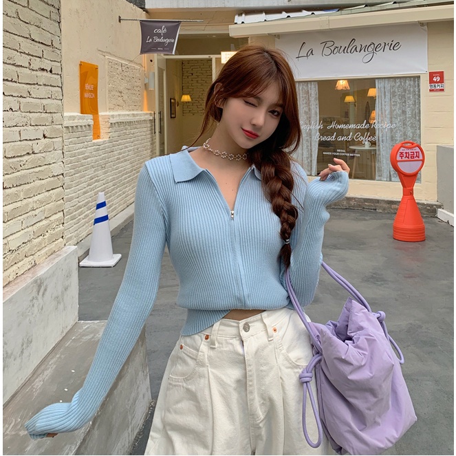 SUXI Áo Khoác Cardigan Bằng Vải Dệt Kim Tay Dài Phối Dây Khóa Kéo Phong Cách Hàn Quốc Thời Trang Mùa Thu Cho Nữ