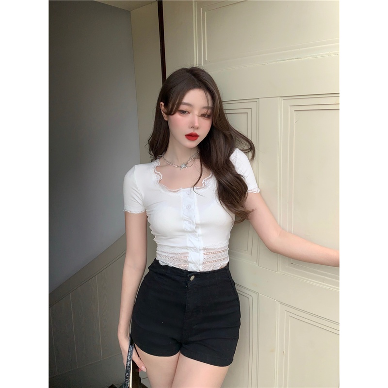 Cocory vn Áo croptop tay ngắn dáng ôm phối ren hoa thời trang quyến rũ cho nữ
