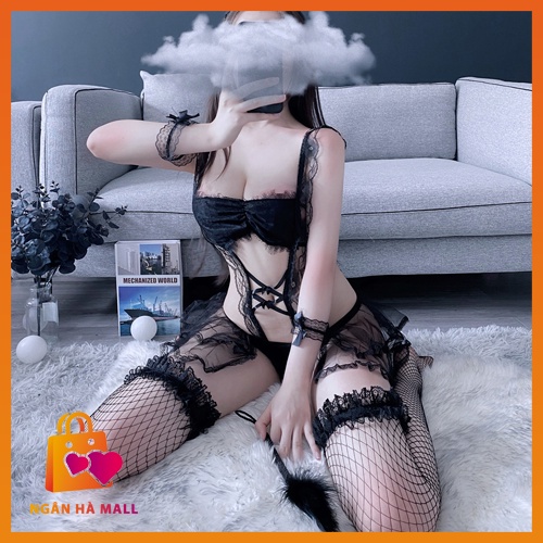Cosplay cô giúp việc sexy dễ thương full phụ kiện: 2 vòng ren đeo tay, cài tóc đính nơ dễ thương, đôi vớ lưới như hình