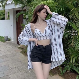 Set cặp áo kẻ sọc áo sơ mi form rộng tay dài phối áo croptop 2 dây có cúp!