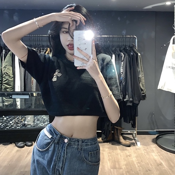 Áo thun ZHELIHANGFEI dáng ngắn tay ngắn phong cách vintage