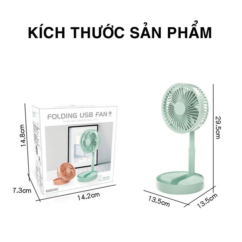 Quạt Tích Điện Gấp Gọn - Quạt Mini Để Bàn Xoay 180 Độ, 3 Tốc Độ Gió, Cổng Sạc USB, Pin 1200mAh - Bảo hành 1 đổi 1