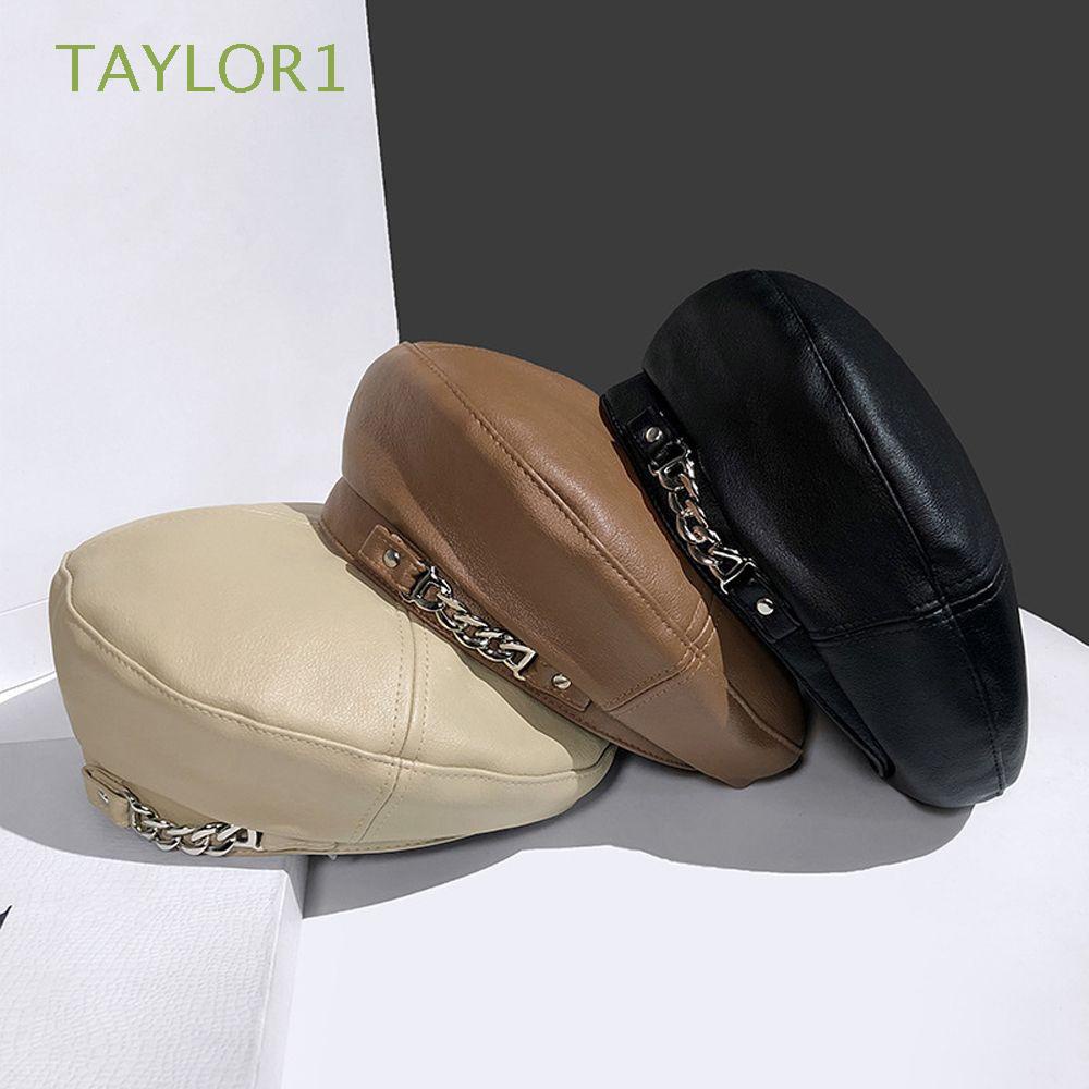 Mũ nồi da PU màu trơn phối dây xích phong cách Hàn Quốc cổ điển thời trang mùa thu cho nữ TAYLOR1