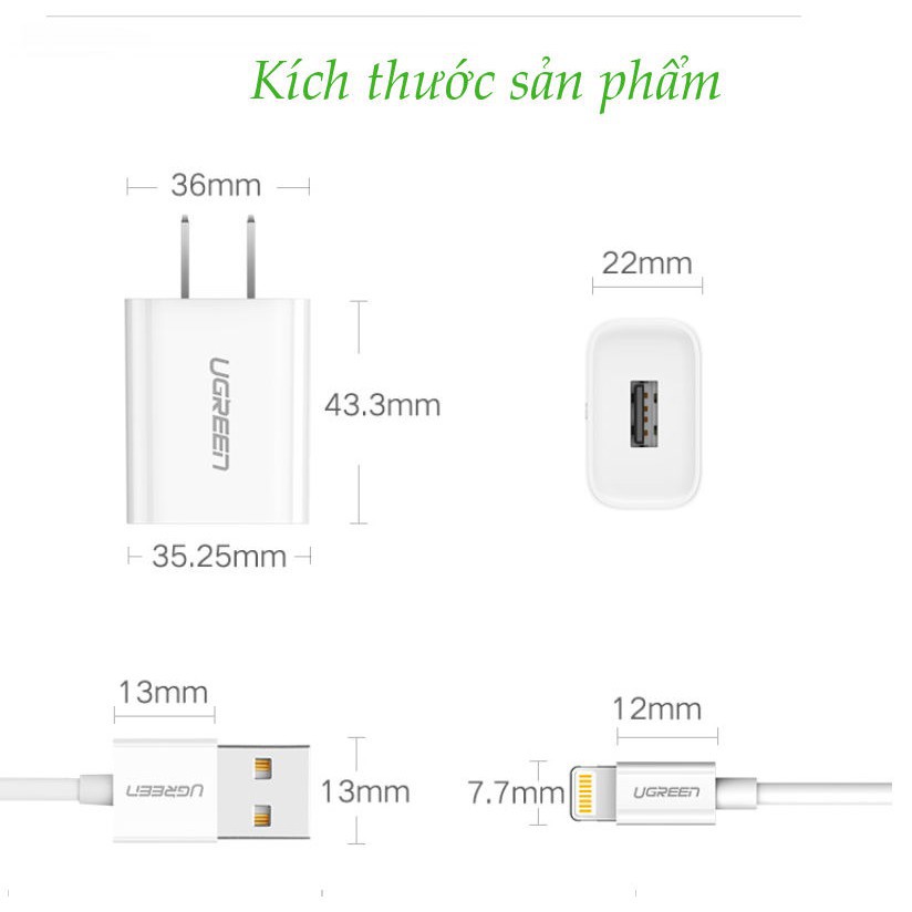 SIÊU RẺ_ Bộ sạc cho iPhone/iPad/iPod UGREEN 50907 (củ sạc nhanh 2.1A và dây sạc Lightning dài 1m)