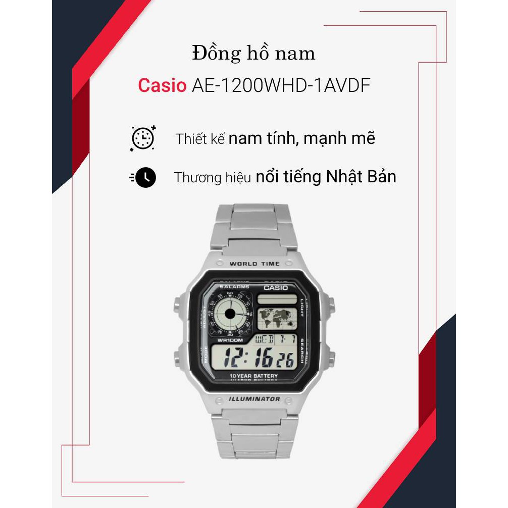 Đồng hồ nam casio AE-1200WH-1AVDF, đồng hồ casio chính hãng dây kim loại AE-1200WHD-1AVDF quoctri545