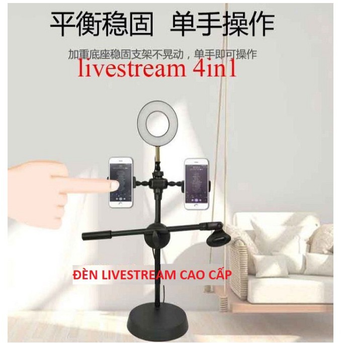 Đèn Live Stream 4in1 Để Bàn Có Chân Đỡ Micro LivesTream Hai Điện Thoại - Bộ Giá Đỡ Điện Thoại Livestream 4in1