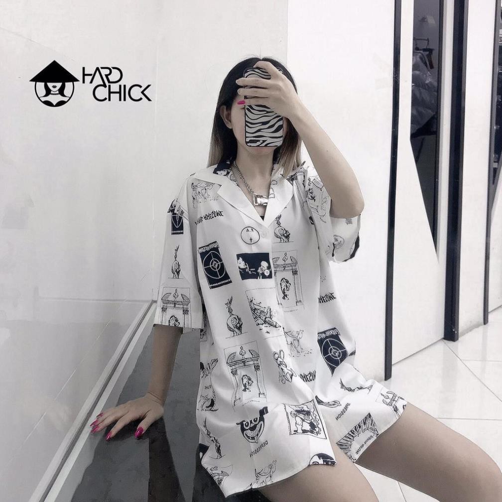 Áo sơ mi tay lỡ Họa Tiết Hoạt Hình Đen Trắng form rộng kiểu dáng unisex nam nữ chất đẹp mặc siêu mát basic oversize ྇