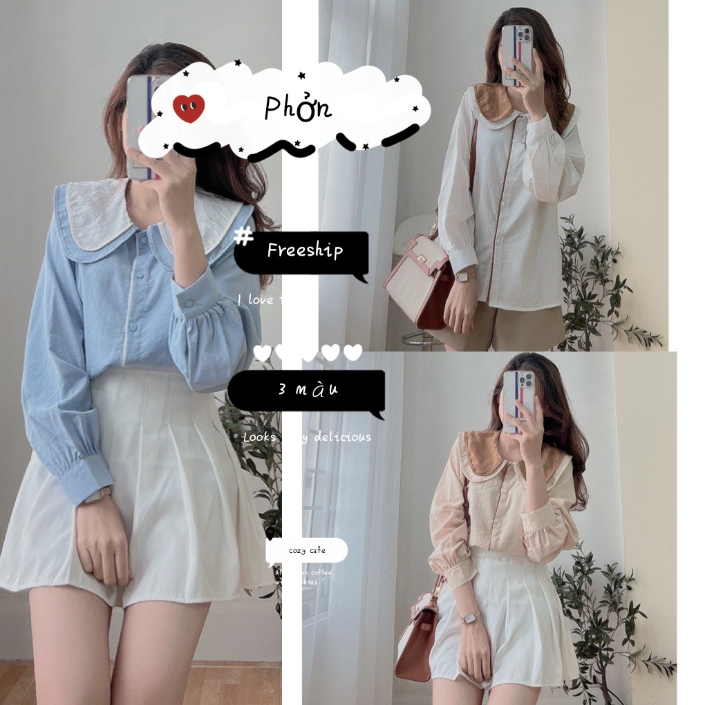 Áo sơ mi tiểu thư cổ sen 2 tầng chất đũi dày ba màu