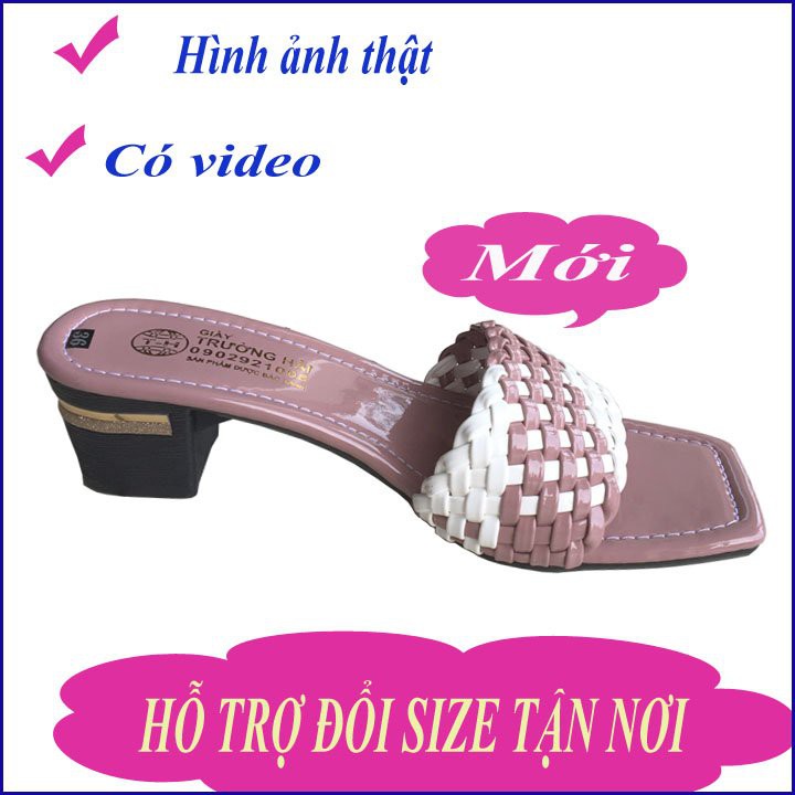 Dép nữ cao gót Trường Hải đế vuông cao 5cm màu hồng tím QNN0270